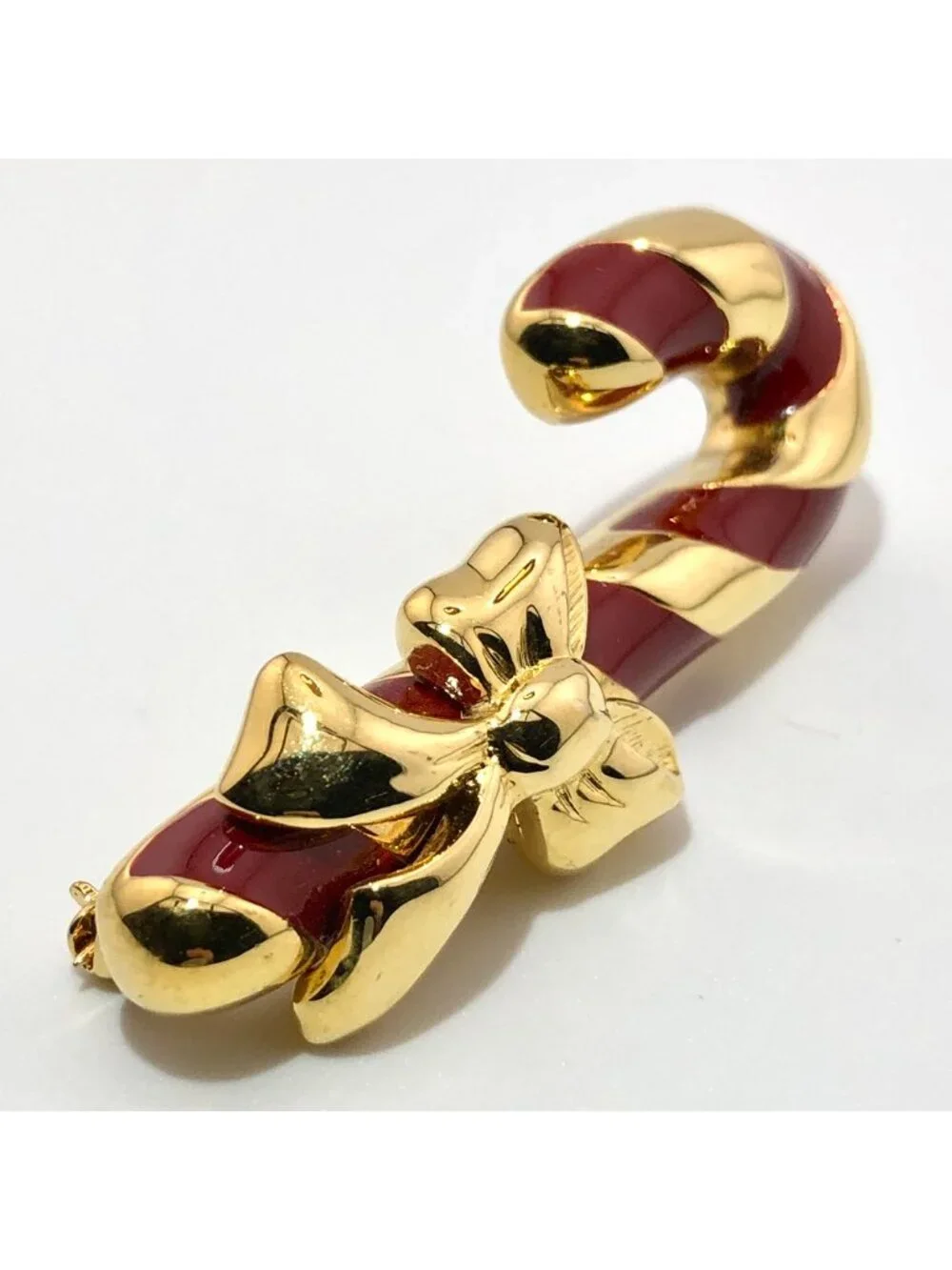 Napier Candy Cane Christmas Pin Brooch Gold Tone Red Enamel Bow Signed Vintage